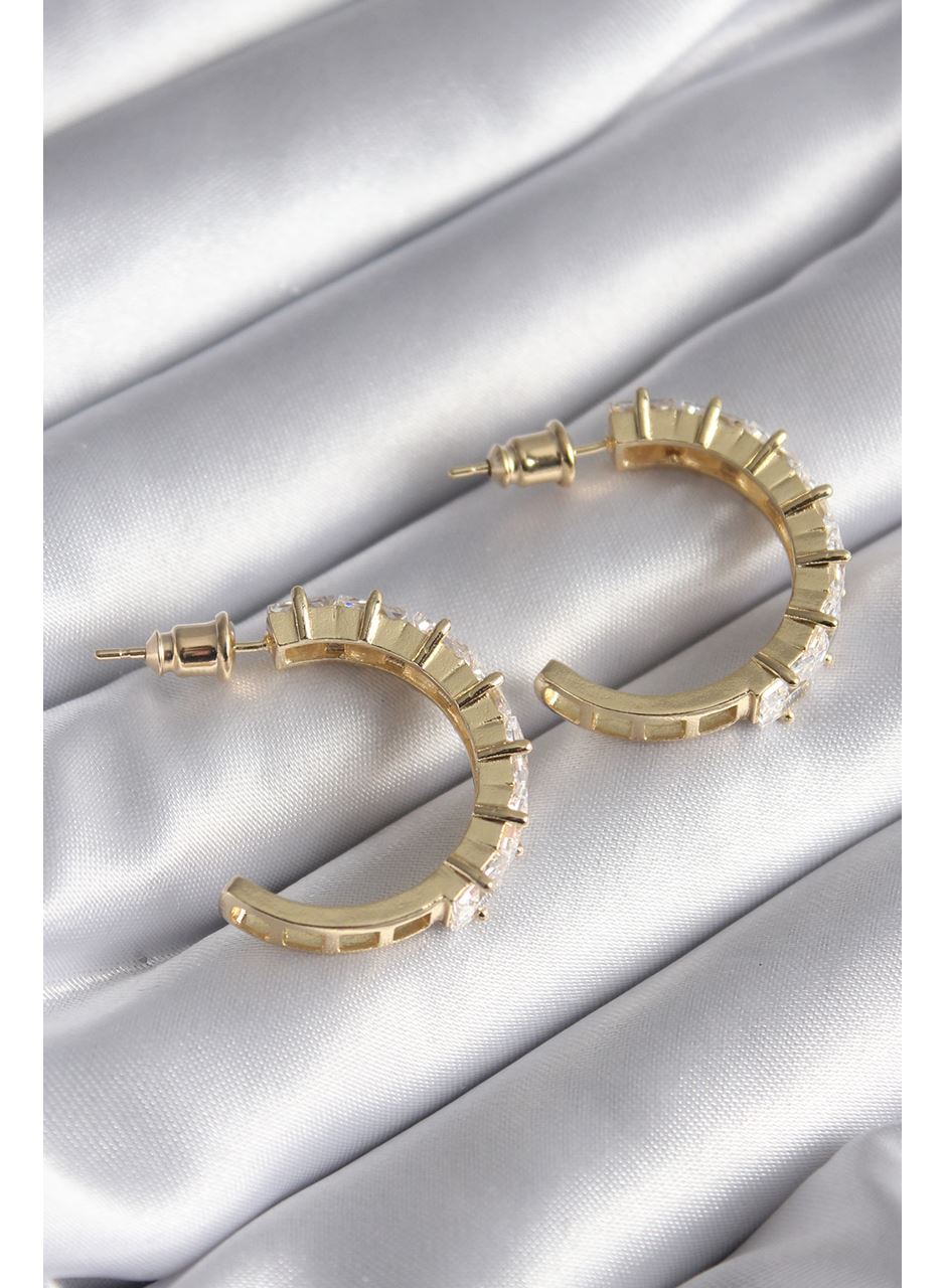 Pirinç Gold Renk Zirkon Taşlı Halka Model Kadın Küpe