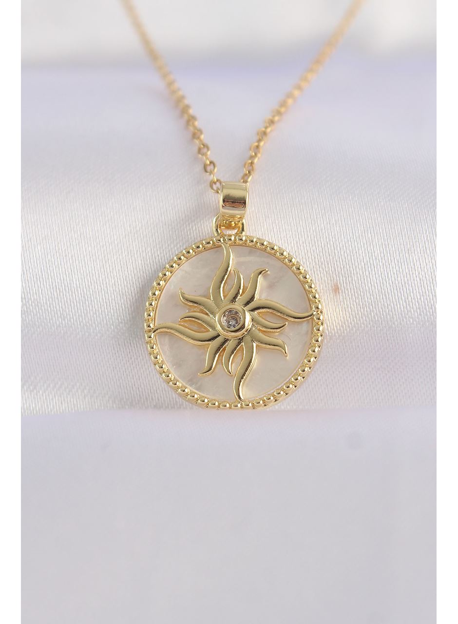 316L Çelik Zincir Altın Renk Zirkon Taşlı Oval Tasarım Güneş Kolye