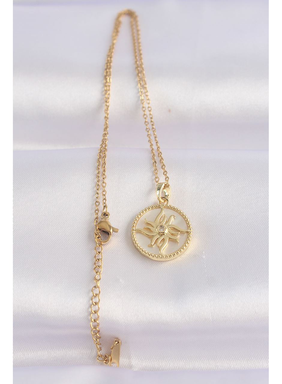 316L Çelik Zincir Altın Renk Zirkon Taşlı Oval Tasarım Güneş Kolye