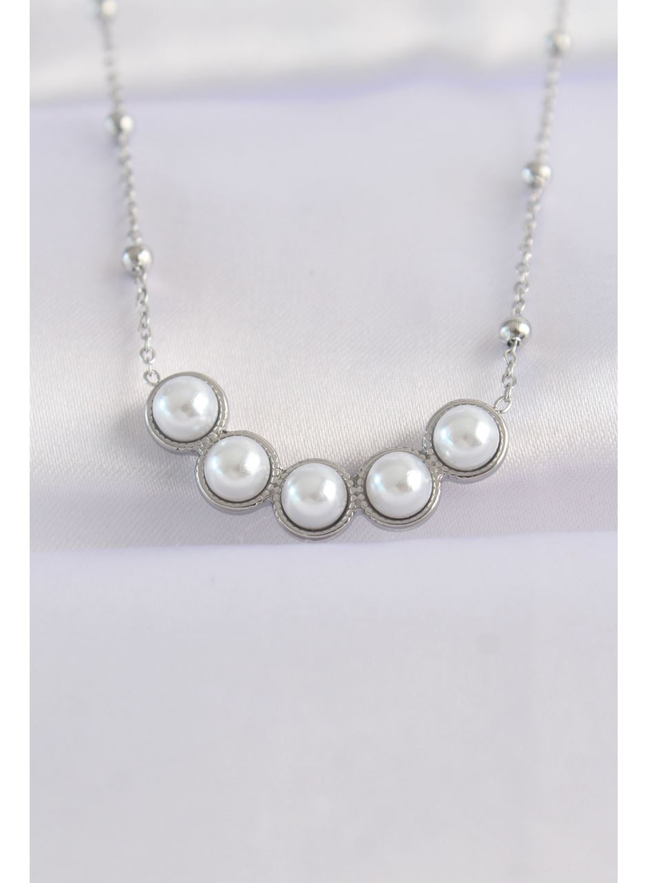 316L Çelik Zincir Gümüş Renk Sıralı İnci Taşlı Kolye