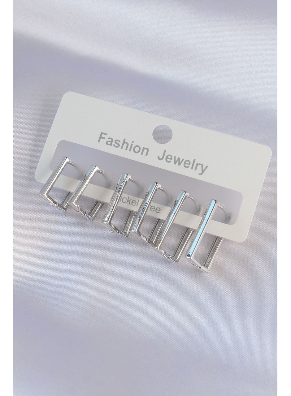 Pirinç Gümüş Renk Dikdörtgen Model Küpe Seti