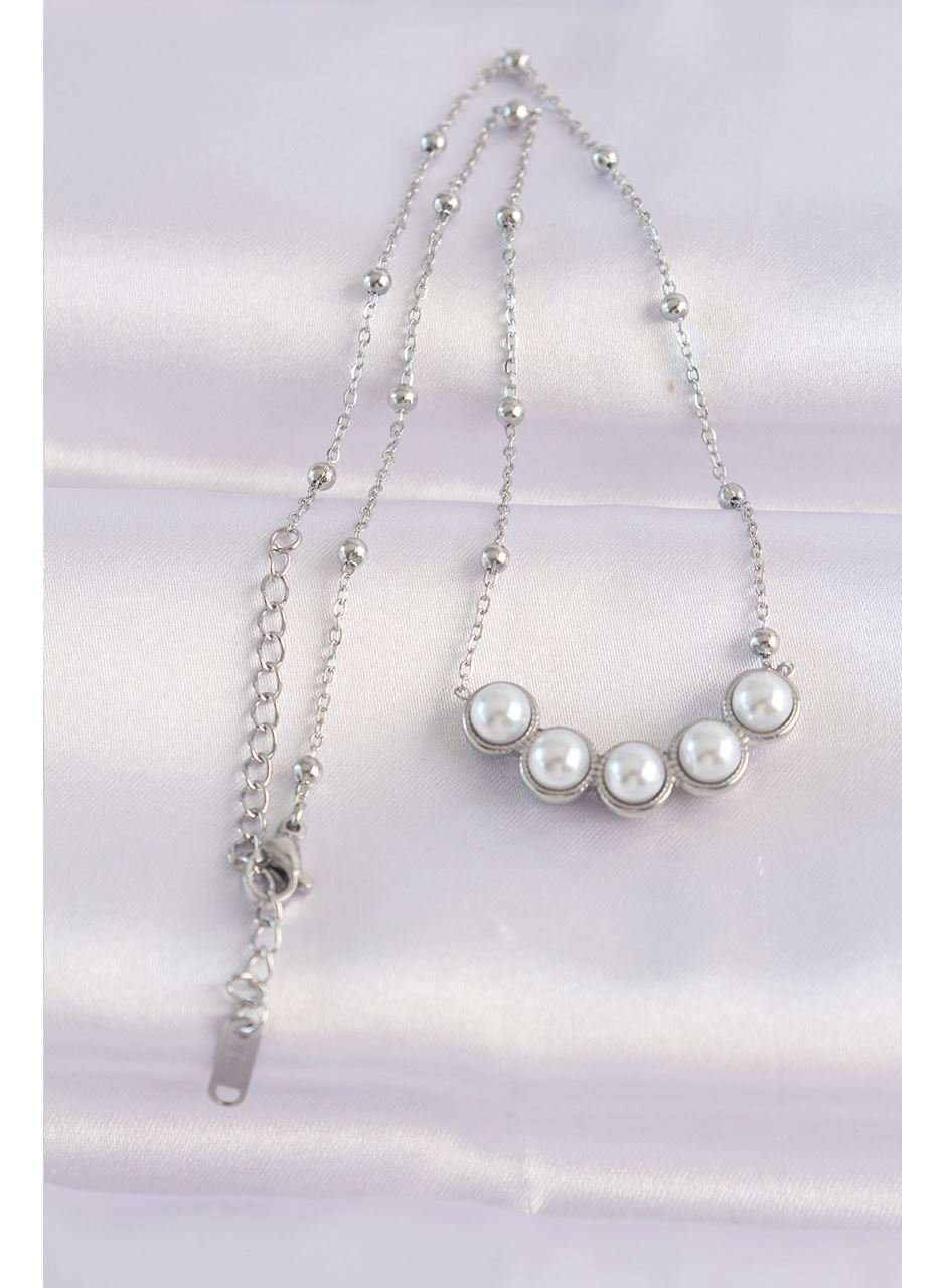 316L Çelik Zincir Gümüş Renk Sıralı İnci Taşlı Kolye