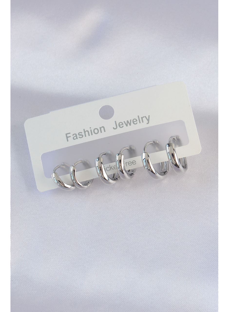 Pirinç Gümüş Renk Oval Bombeli Küpe Seti