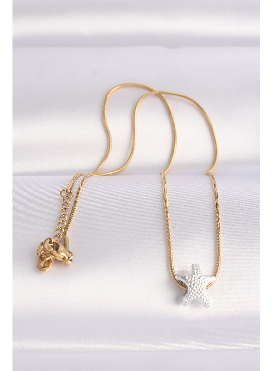 316L Çelik Zincir Altın Renk Zincirli Gümüş Renk Deniz Yıldızı Tasarımlı Kolye