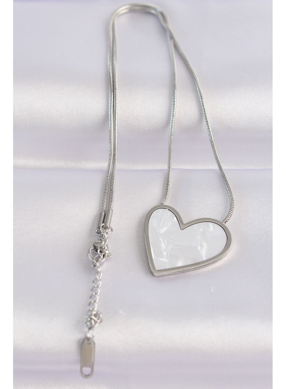 316L Çelik Zincir Gümüş Renk Mermer Desenli Kalp Kolye