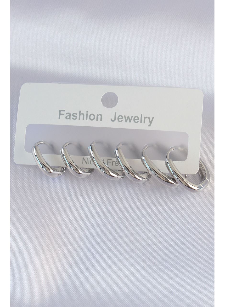 Pirinç Gümüş Renk Oval Küpe Seti