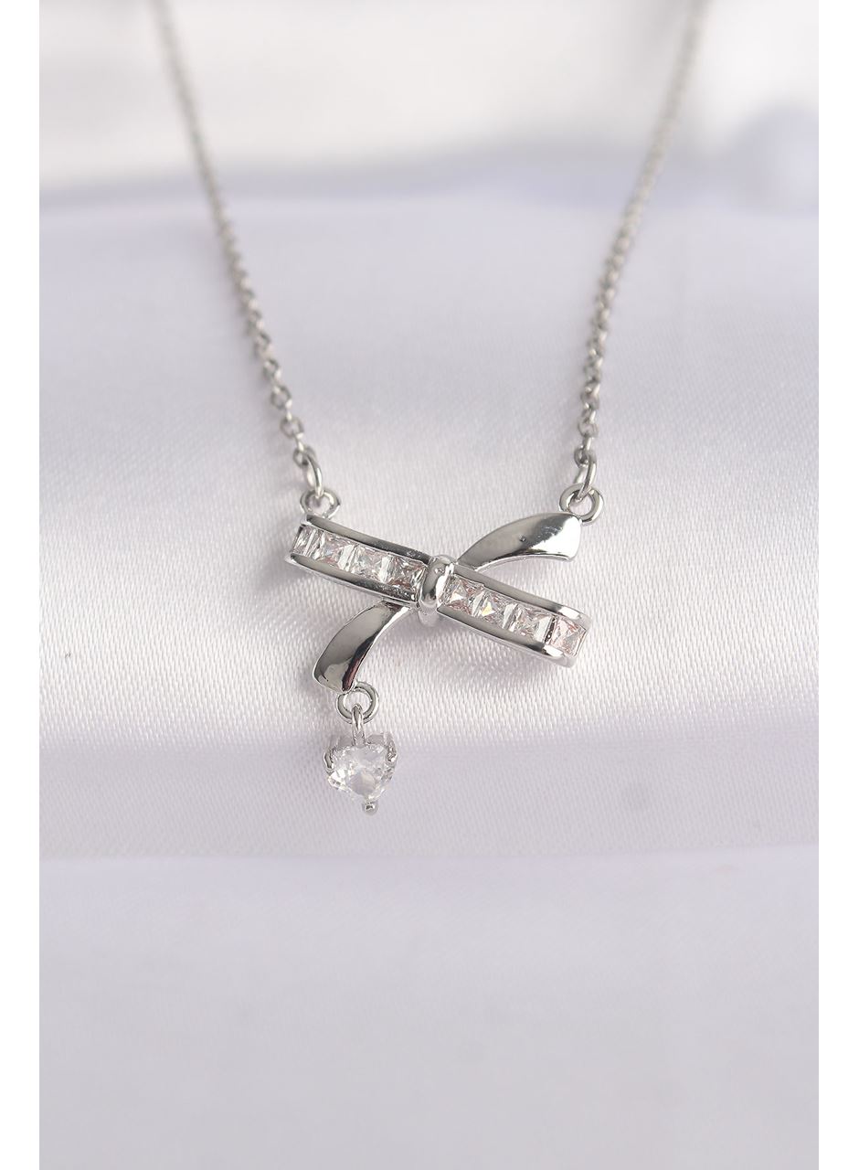316L Çelik Zincir Gümüş Renk Zirkon Taşlı Kalp Detay Fiyonk Kolye