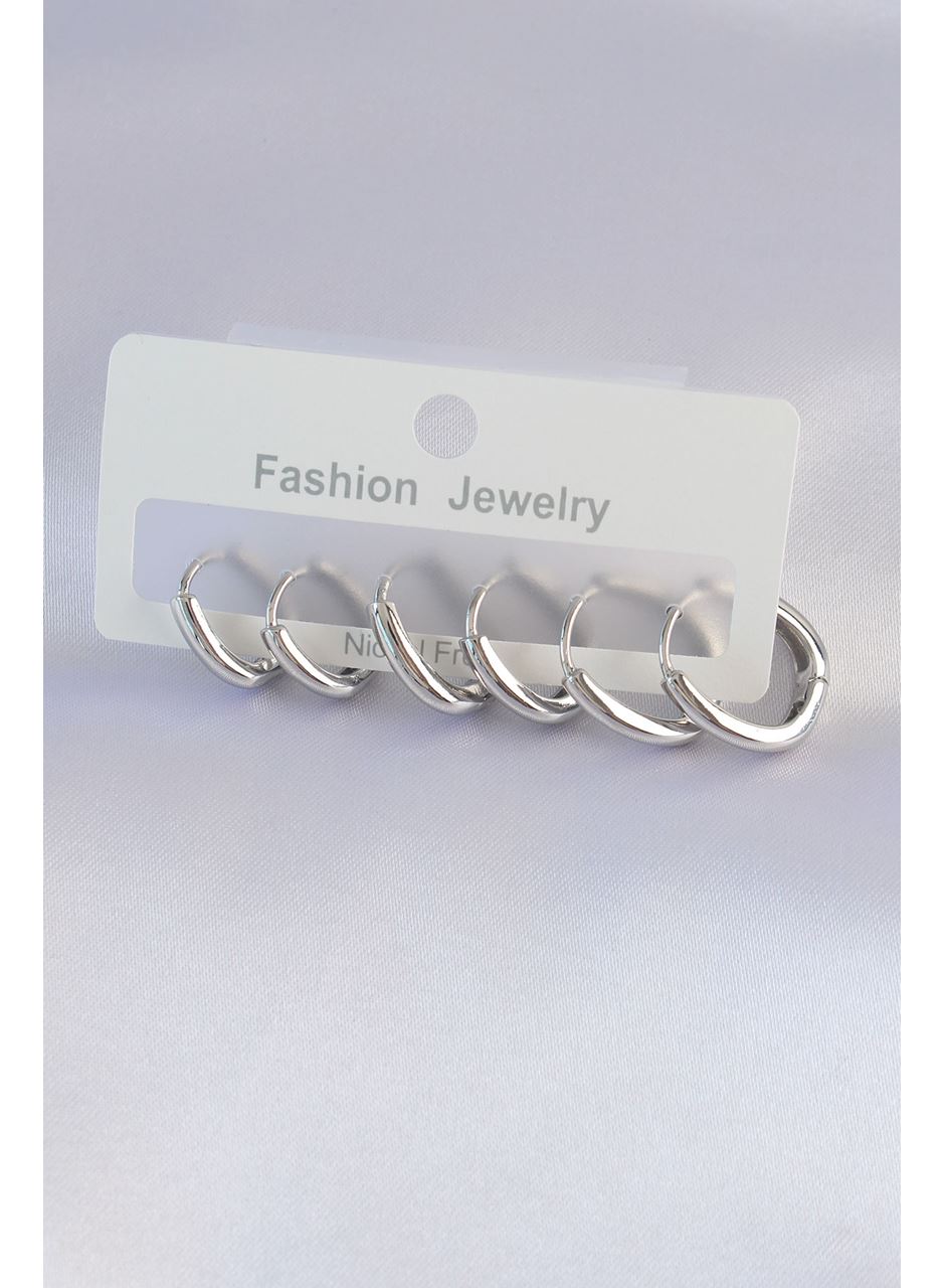 Pirinç Gümüş Renk Oval Küpe Seti