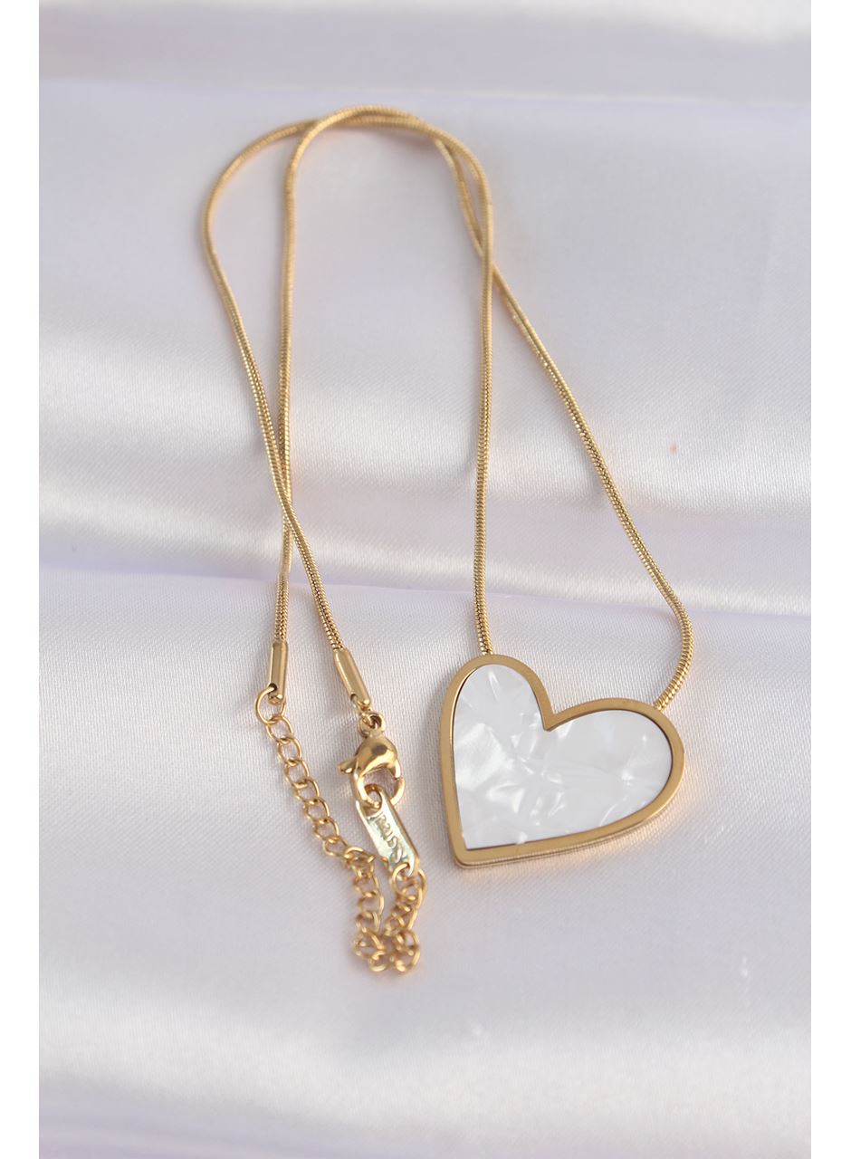 316L Çelik Zincir Altın Renk Mermer Desenli Kalp Kolye