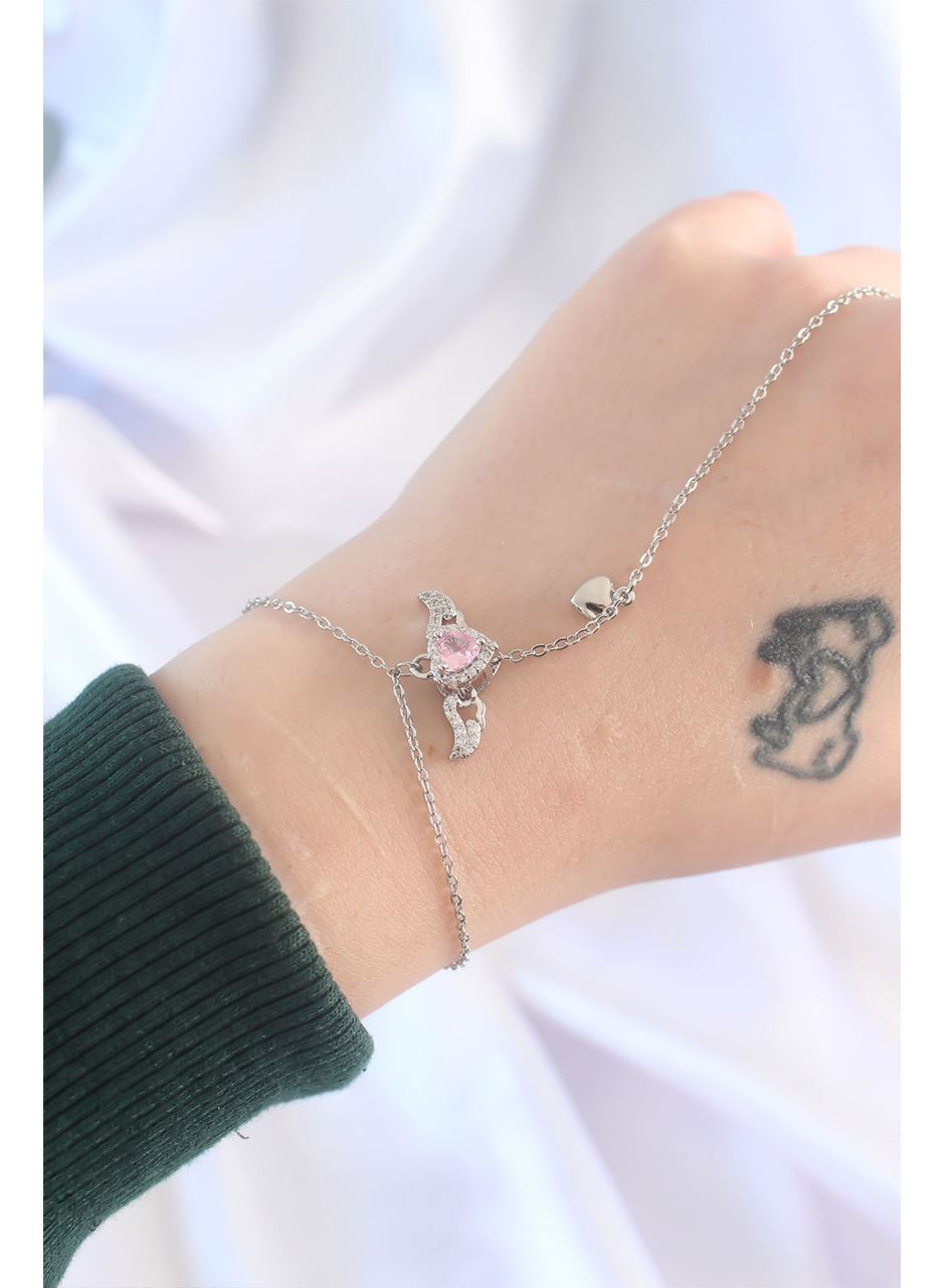 316L Çelik Gümüş Renk Pembe Zirkon Taşlı Kanatlı Kalp Model Şahmeran