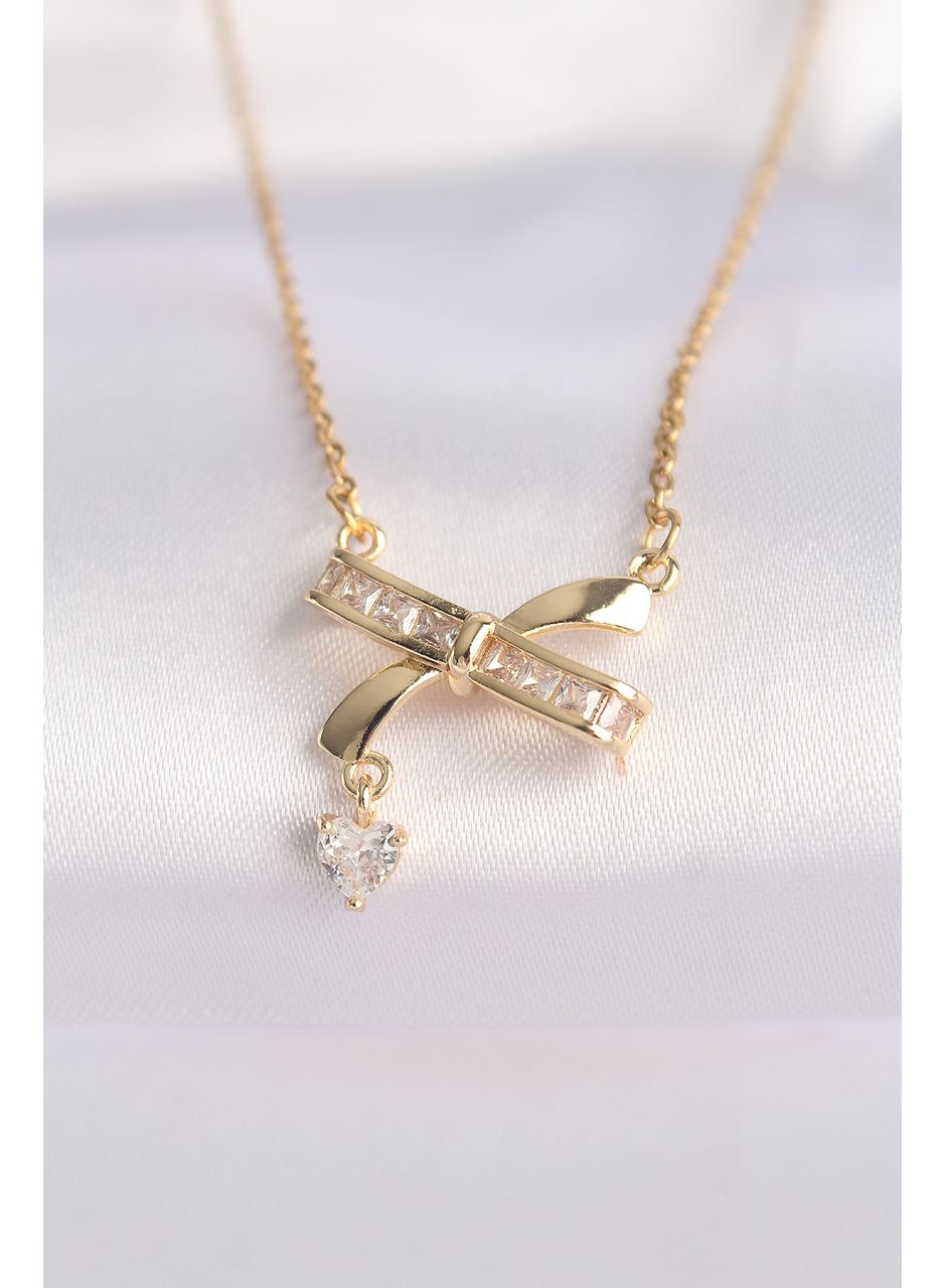 316L Çelik Zincir Altın Renk Zirkon Taşlı Kalp Detay Fiyonk Kolye
