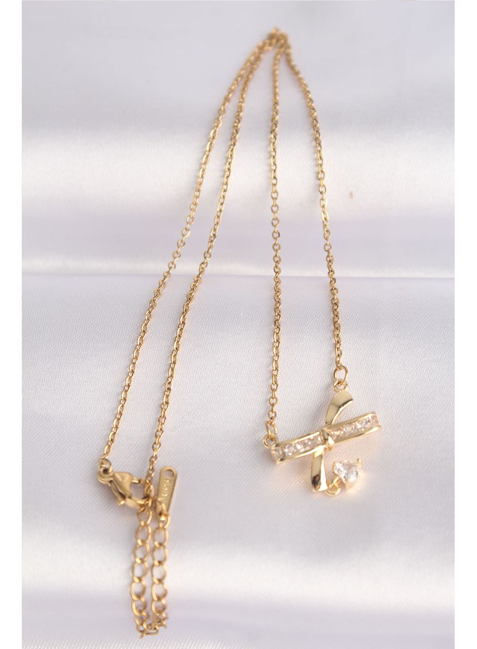 316L Çelik Zincir Altın Renk Zirkon Taşlı Kalp Detay Fiyonk Kolye