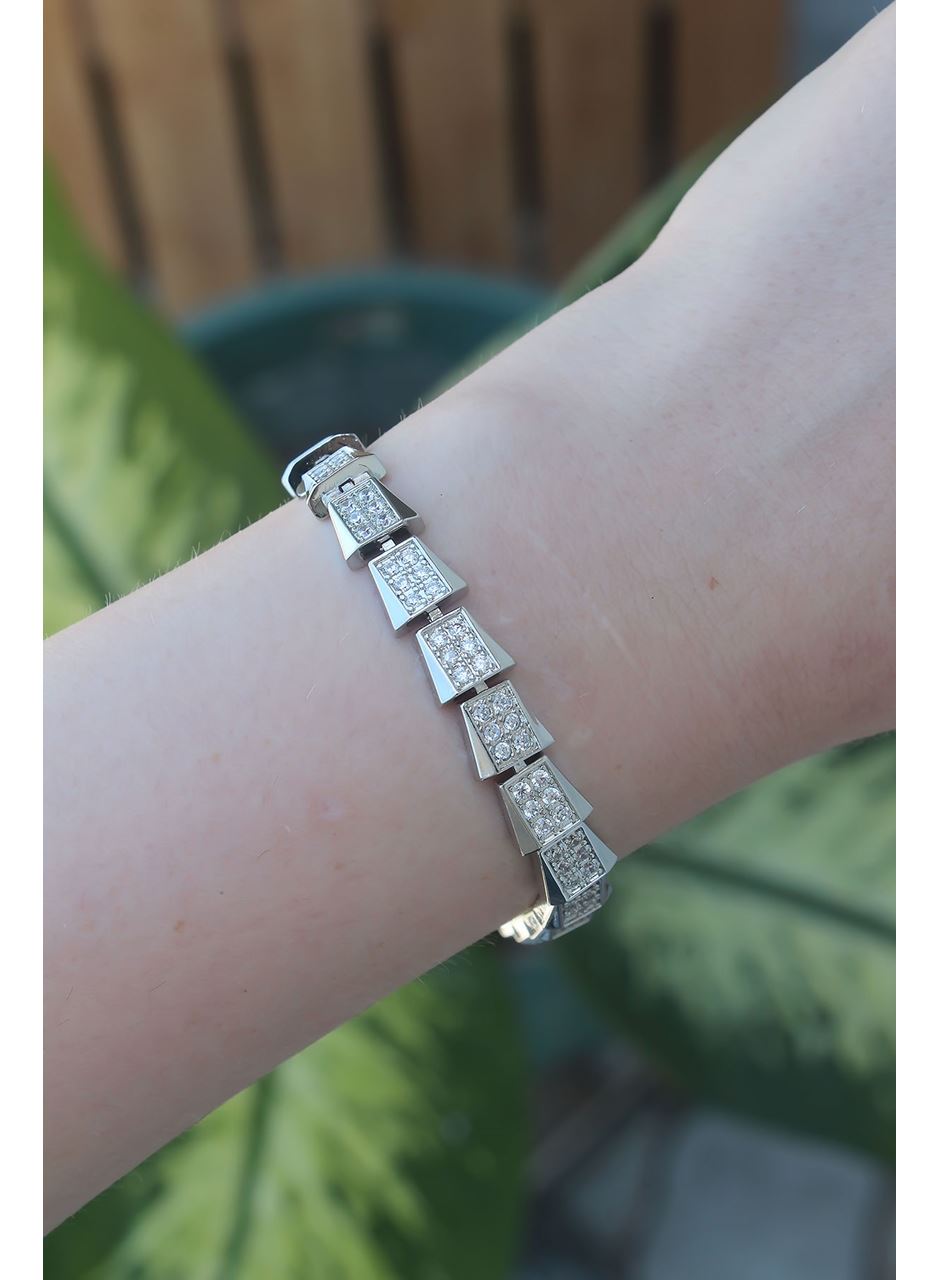 Vip Seri Pirinç Zirkon Taşlı Gümüş Renk Geometrik Bileklik