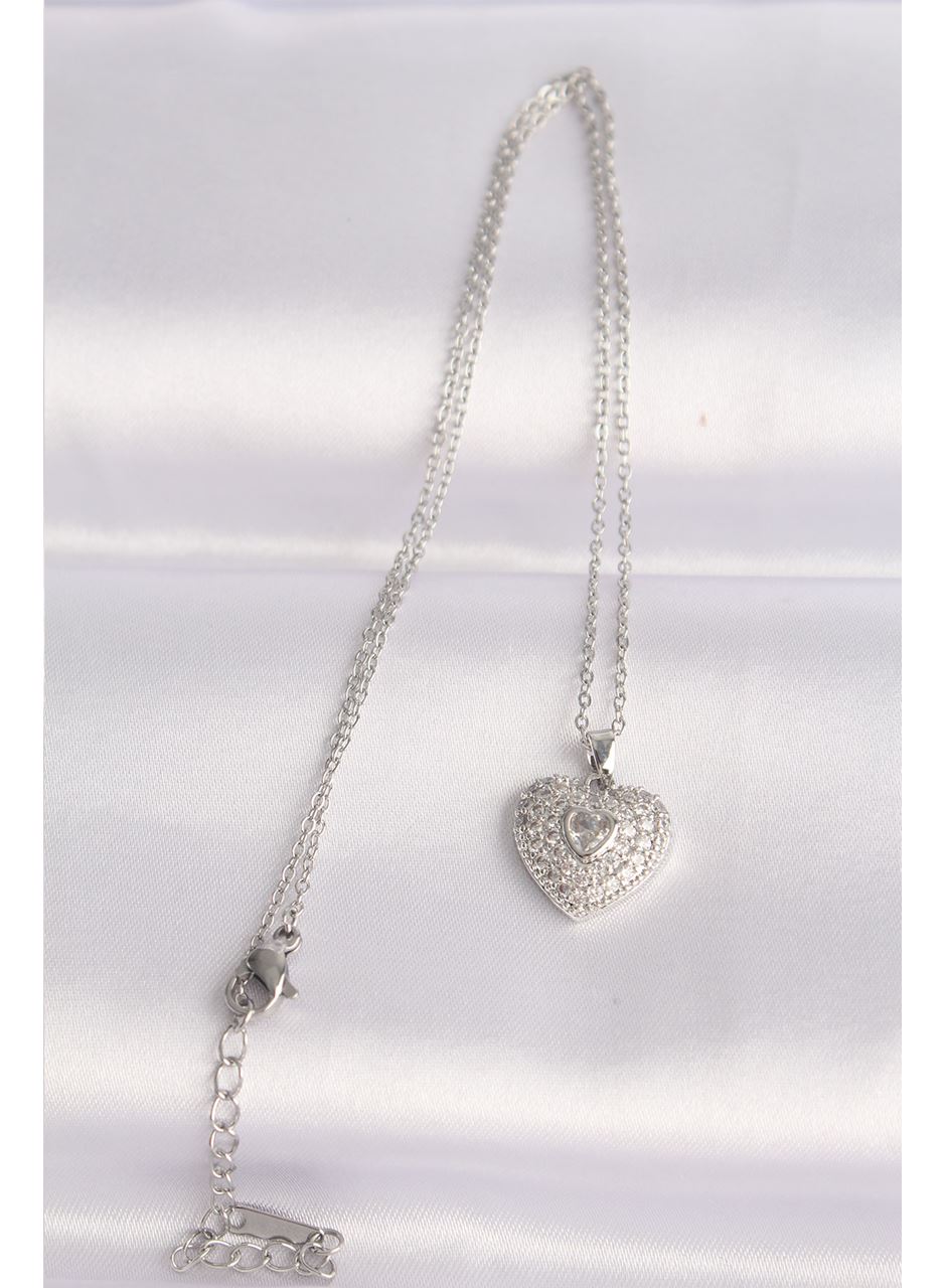 316L Çelik Zincir Gümüş Renk Zirkon Taşlı Kalp Kolye