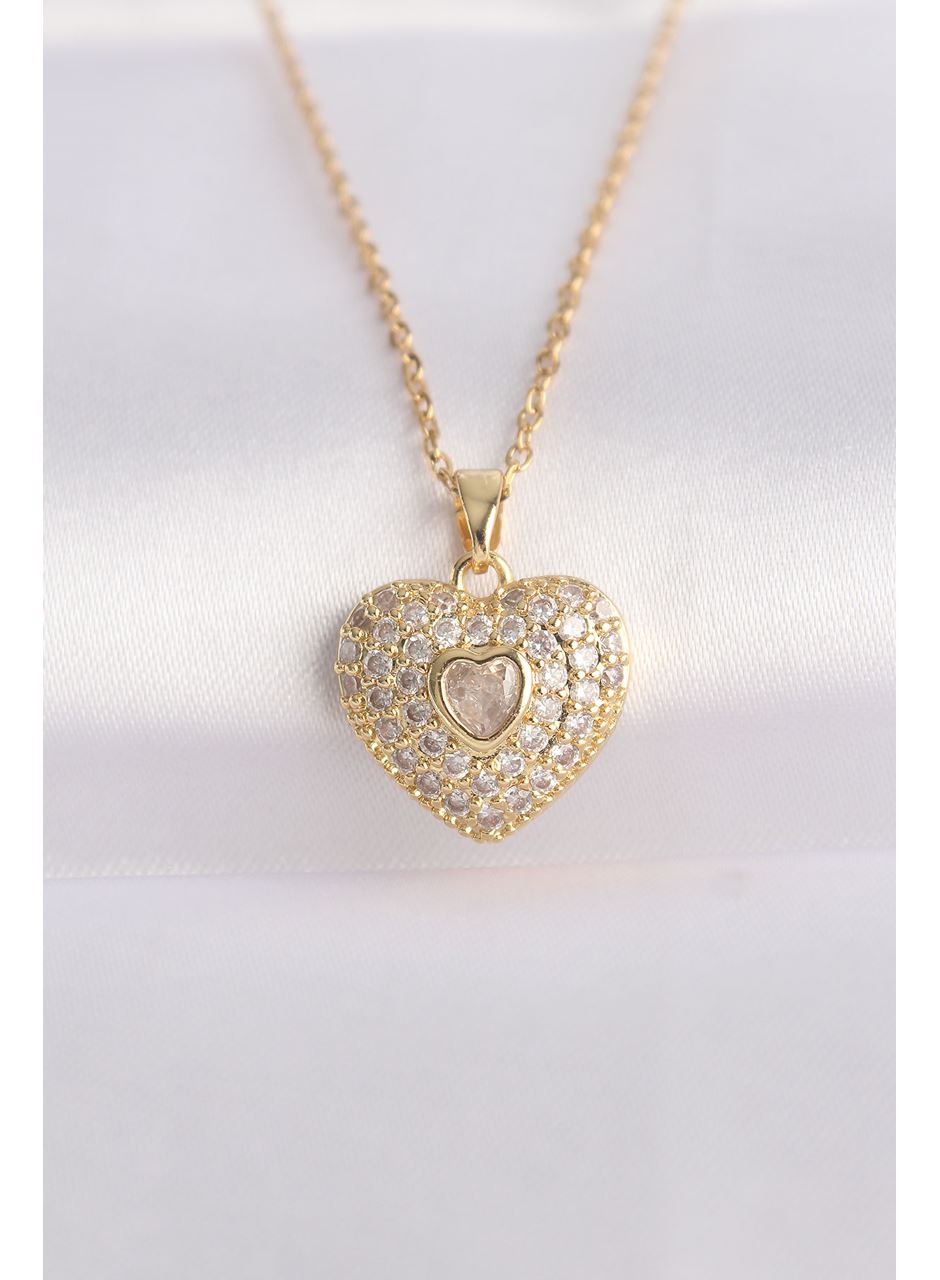 316L Çelik Zincir Altın Renk Zirkon Taşlı Kalp Kolye