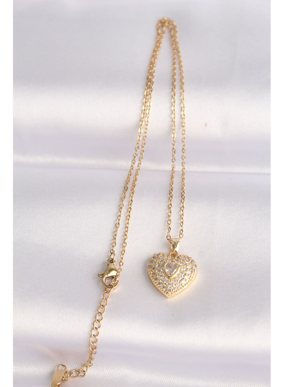 316L Çelik Zincir Altın Renk Zirkon Taşlı Kalp Kolye