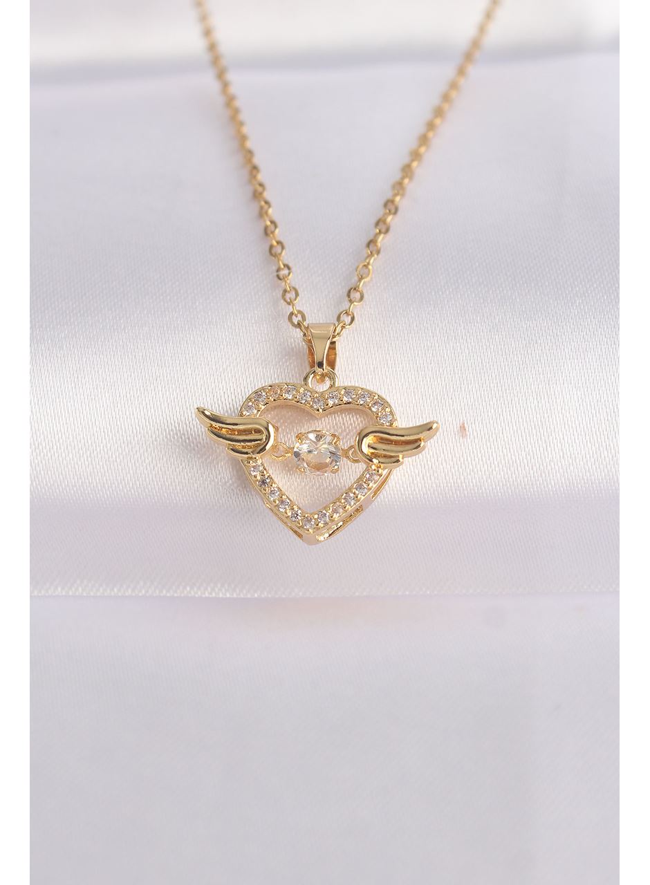 316L Çelik Zincir Altın Renk Zirkon Taşlı Kanatlı Kalp Kolye