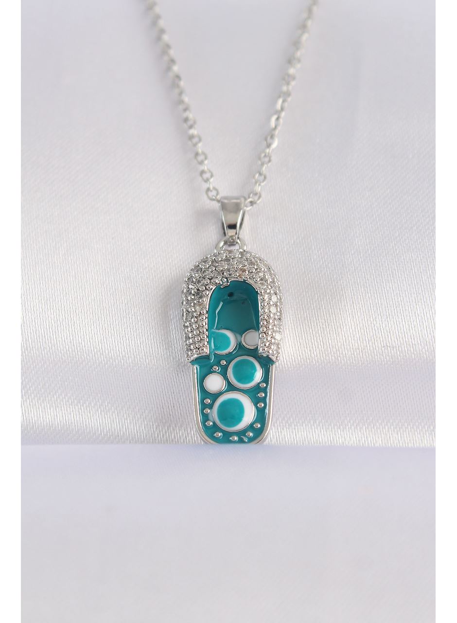 316L Çelik Zincir Zirkon Taşlı Gümüş Renk Nazarlı Terlik Tasarımlı Kolye