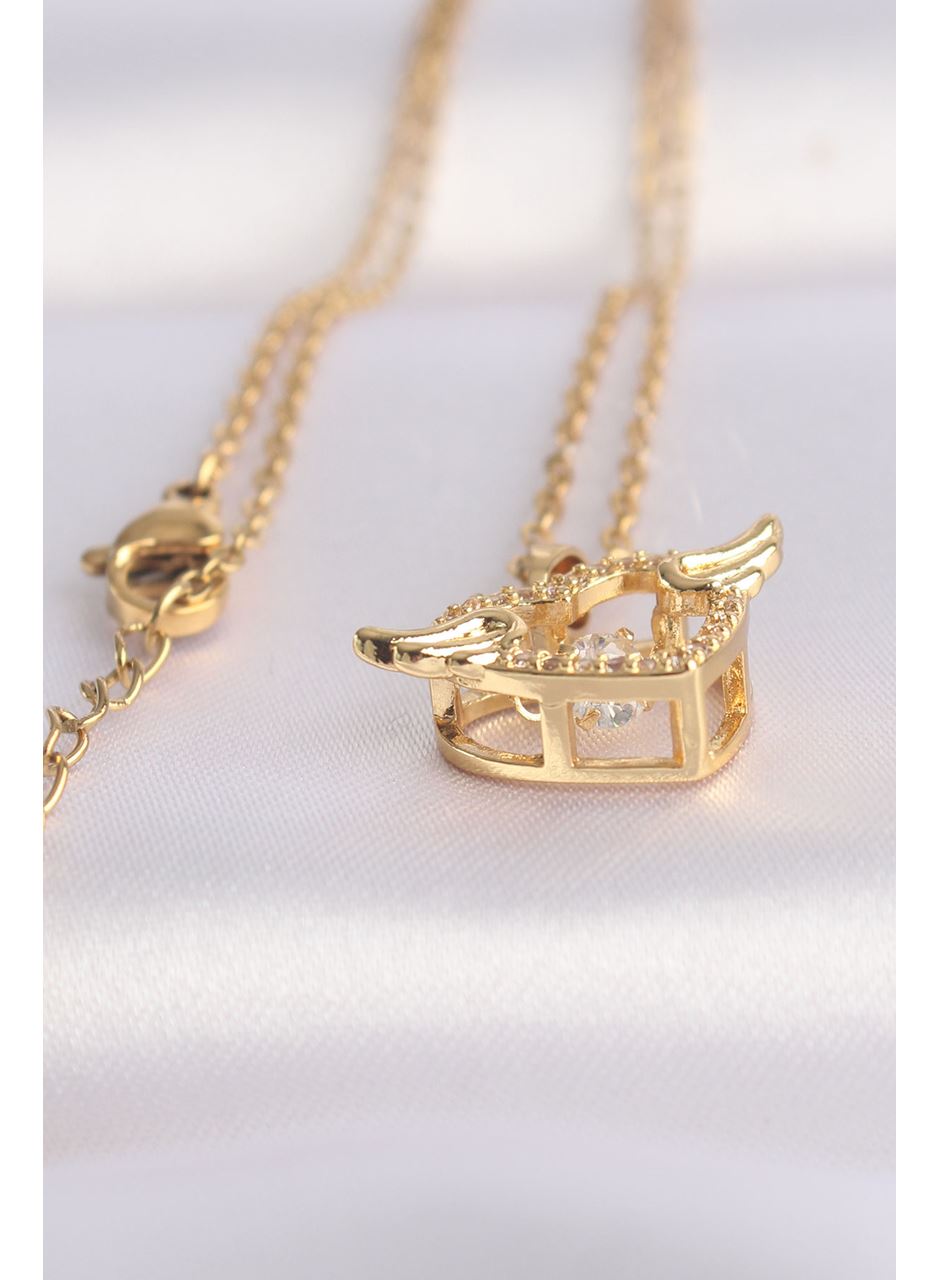 316L Çelik Zincir Altın Renk Zirkon Taşlı Kanatlı Kalp Kolye