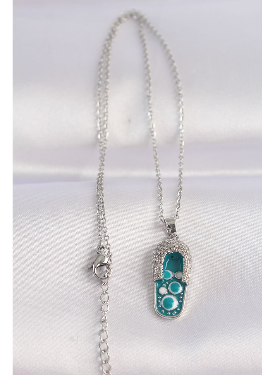 316L Çelik Zincir Zirkon Taşlı Gümüş Renk Nazarlı Terlik Tasarımlı Kolye