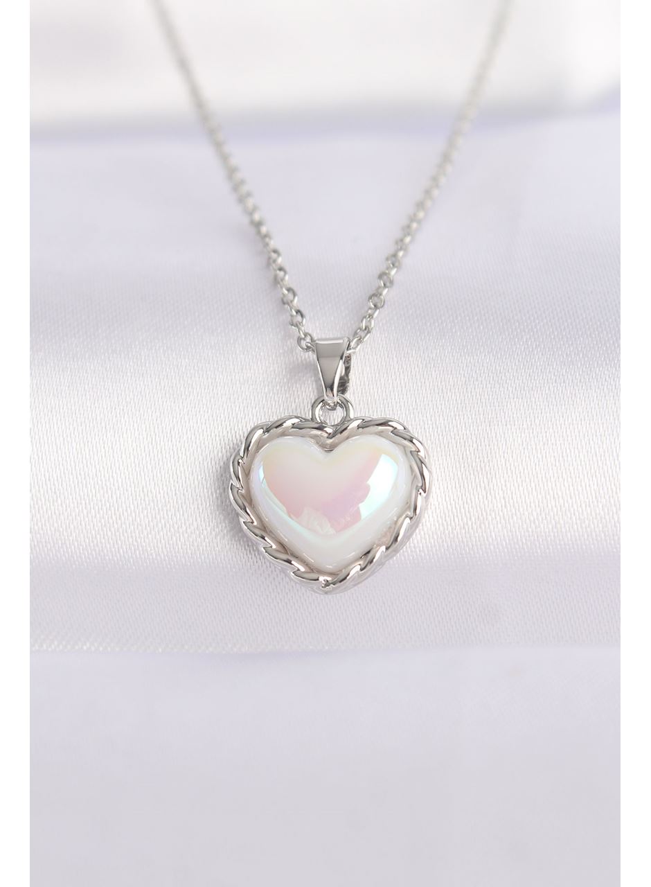 316L Çelik Zincir Gümüş Renk Beyaz Taşlı Bombeli Kalp Kolye