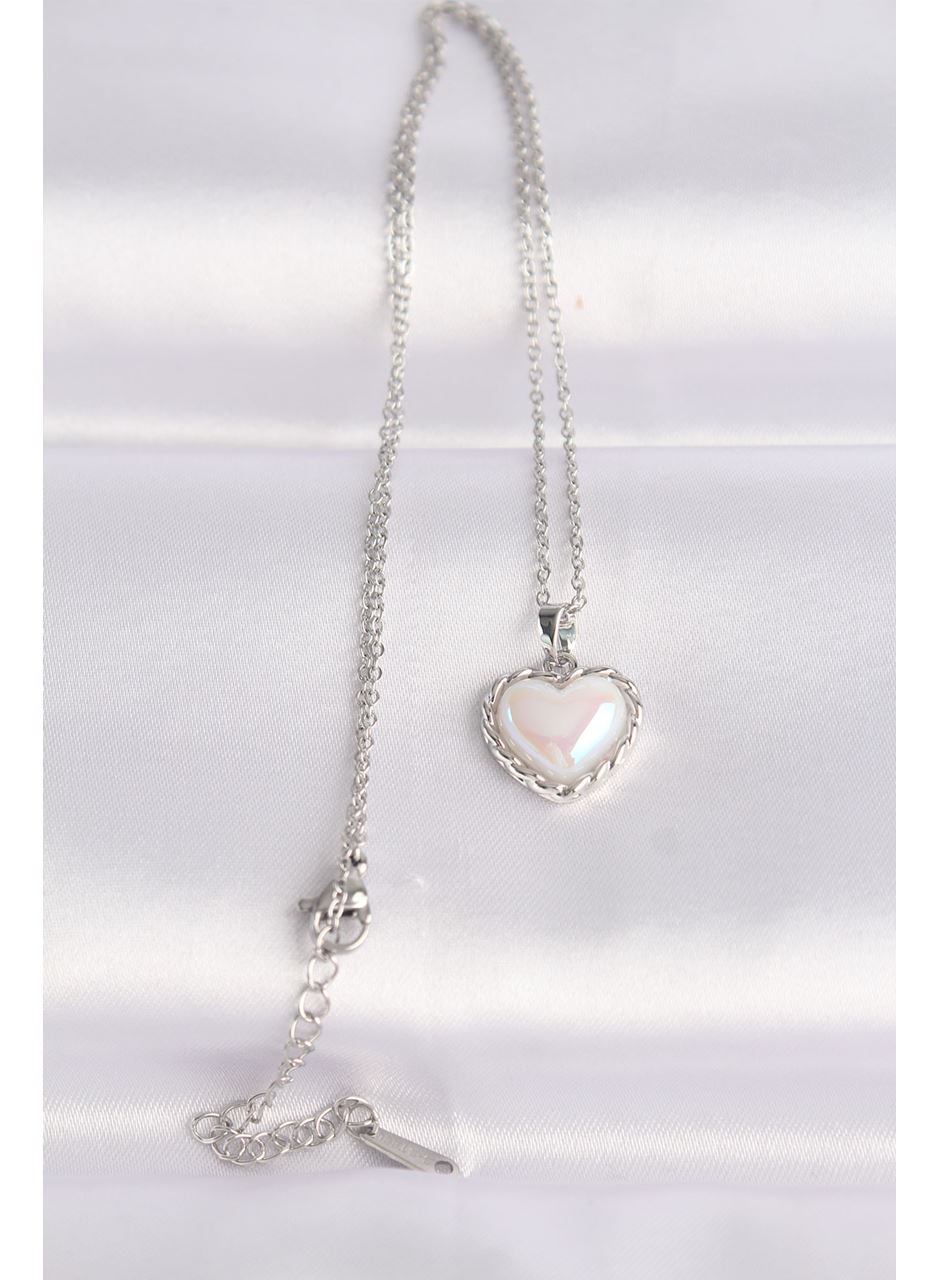 316L Çelik Zincir Gümüş Renk Beyaz Taşlı Bombeli Kalp Kolye