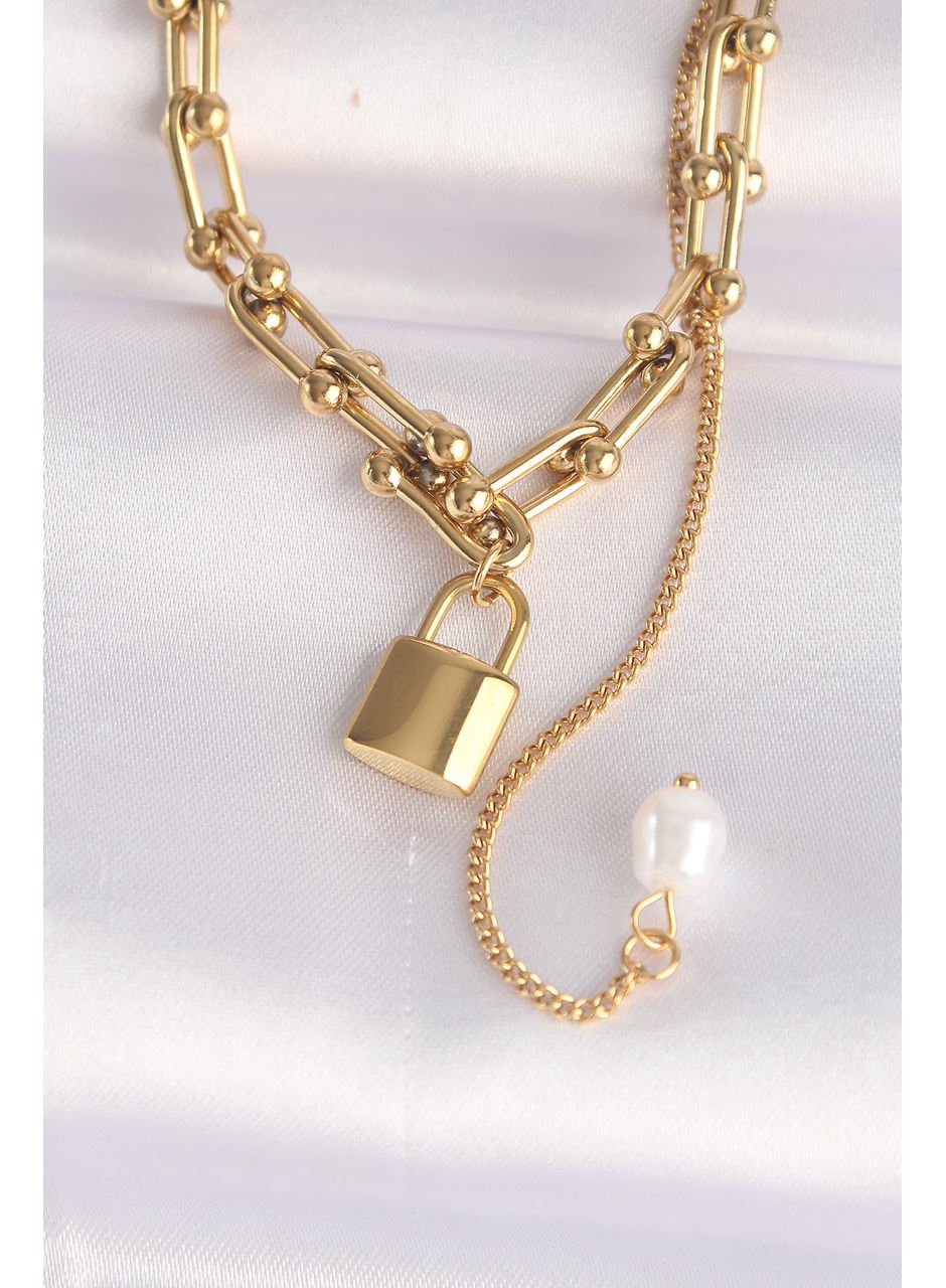 316L Çelik Zincir Altın Renk Zincirli Love Yazılı Kilit Kolye