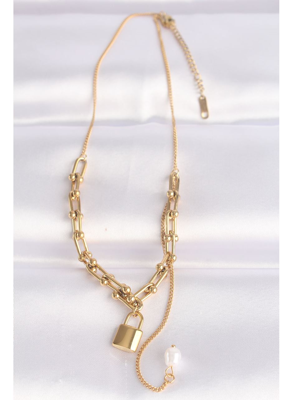 316L Çelik Zincir Altın Renk Zincirli Love Yazılı Kilit Kolye