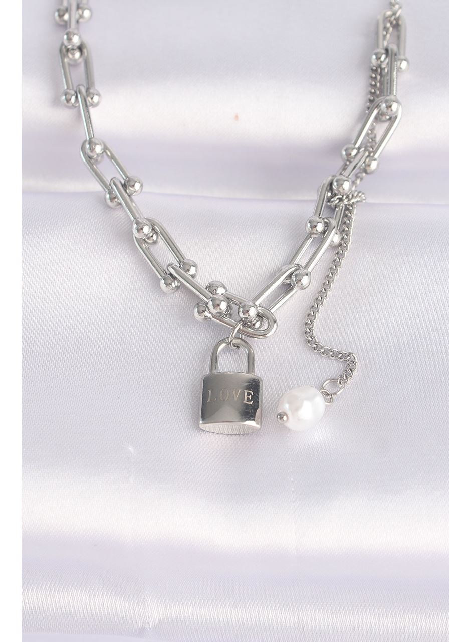 316L Çelik Zincir Gümüş Renk Zincirli Love Yazılı Kilit Kolye