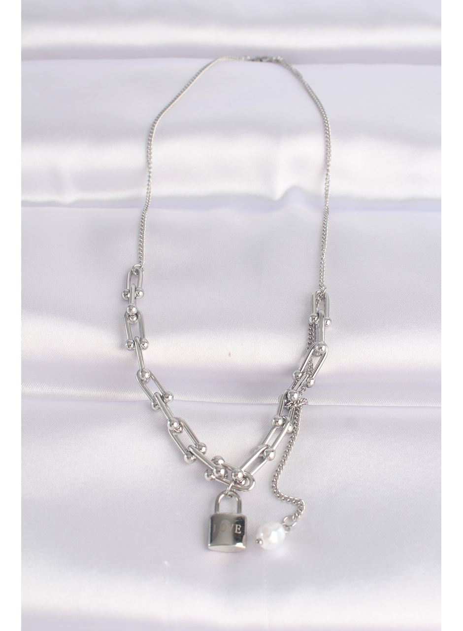316L Çelik Zincir Gümüş Renk Zincirli Love Yazılı Kilit Kolye