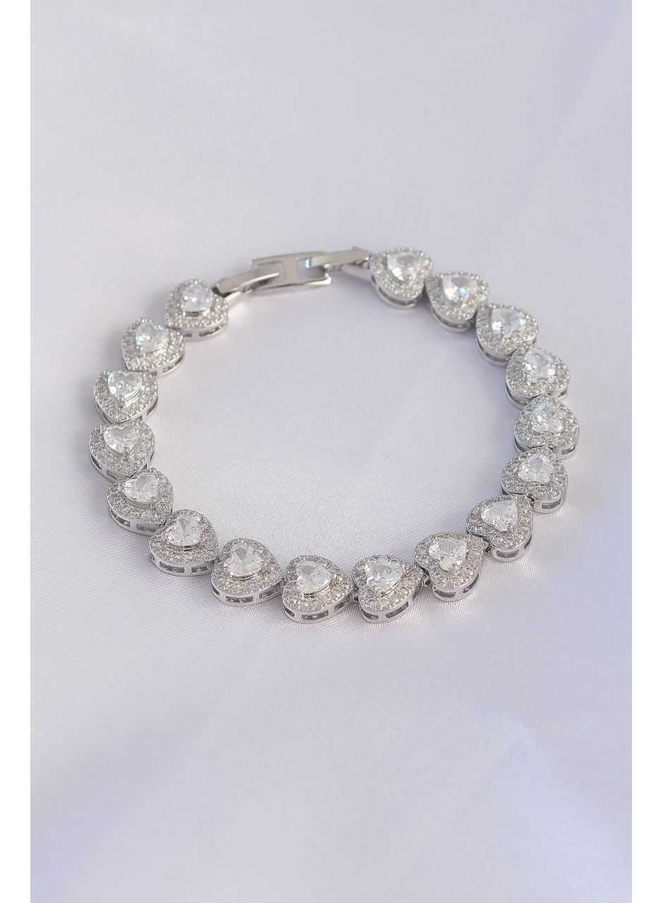 Vip Seri Pirinç Zirkon Taşlı Gümüş Renk Kalp Model Bileklik