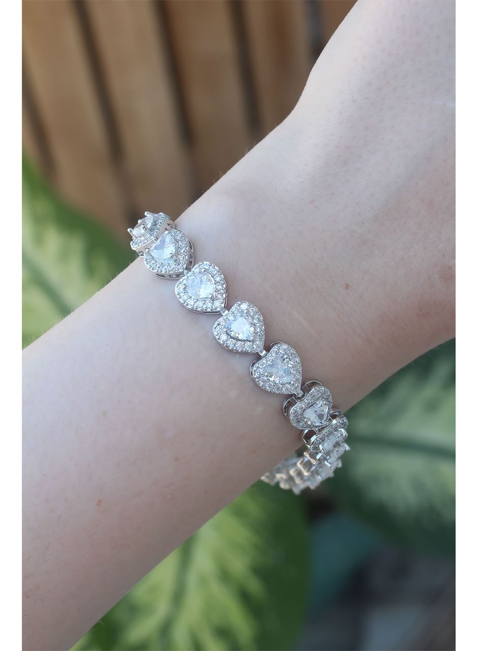 Vip Seri Pirinç Zirkon Taşlı Gümüş Renk Kalp Model Bileklik