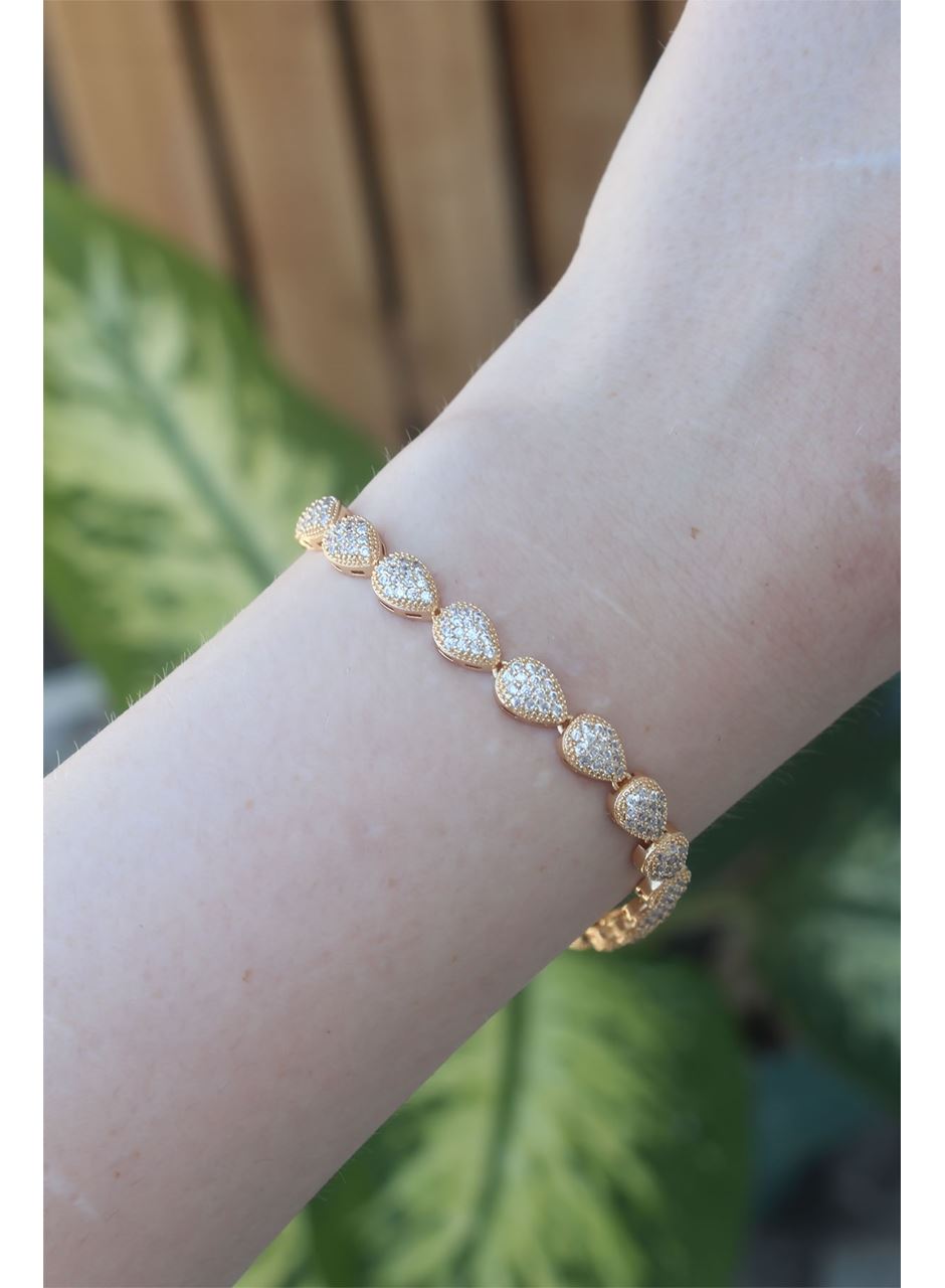Vip Seri Pirinç Zirkon Taşlı Gold Renk Damla Model Bileklik