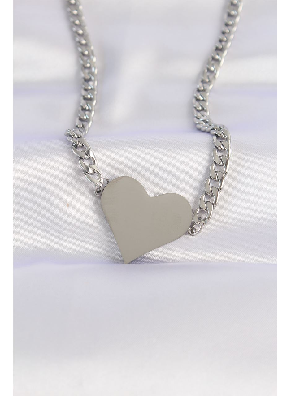 316L Çelik Zincir Gümüş Renk Düz Plaka Kalp Kolye