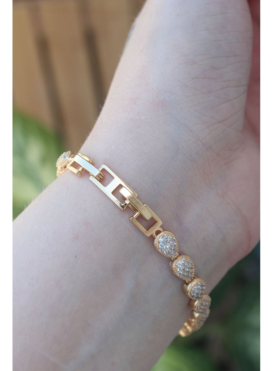 Vip Seri Pirinç Zirkon Taşlı Gold Renk Damla Model Bileklik