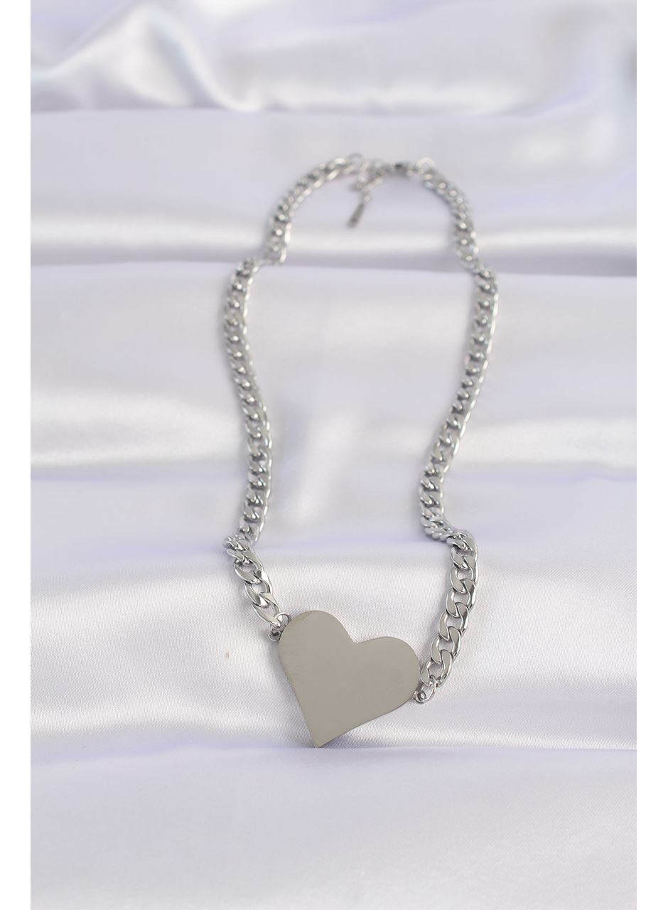 316L Çelik Zincir Gümüş Renk Düz Plaka Kalp Kolye