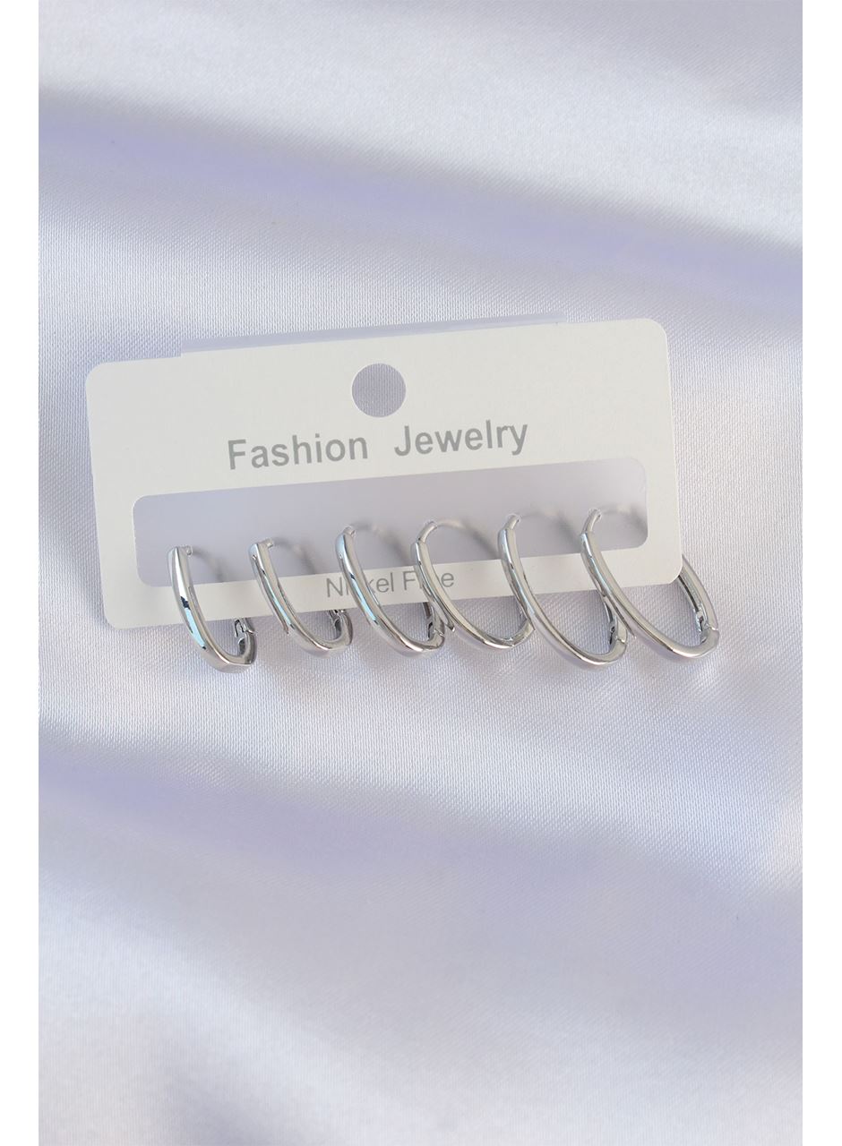 Pirinç Gümüş Renk İnce Oval Küpe Seti