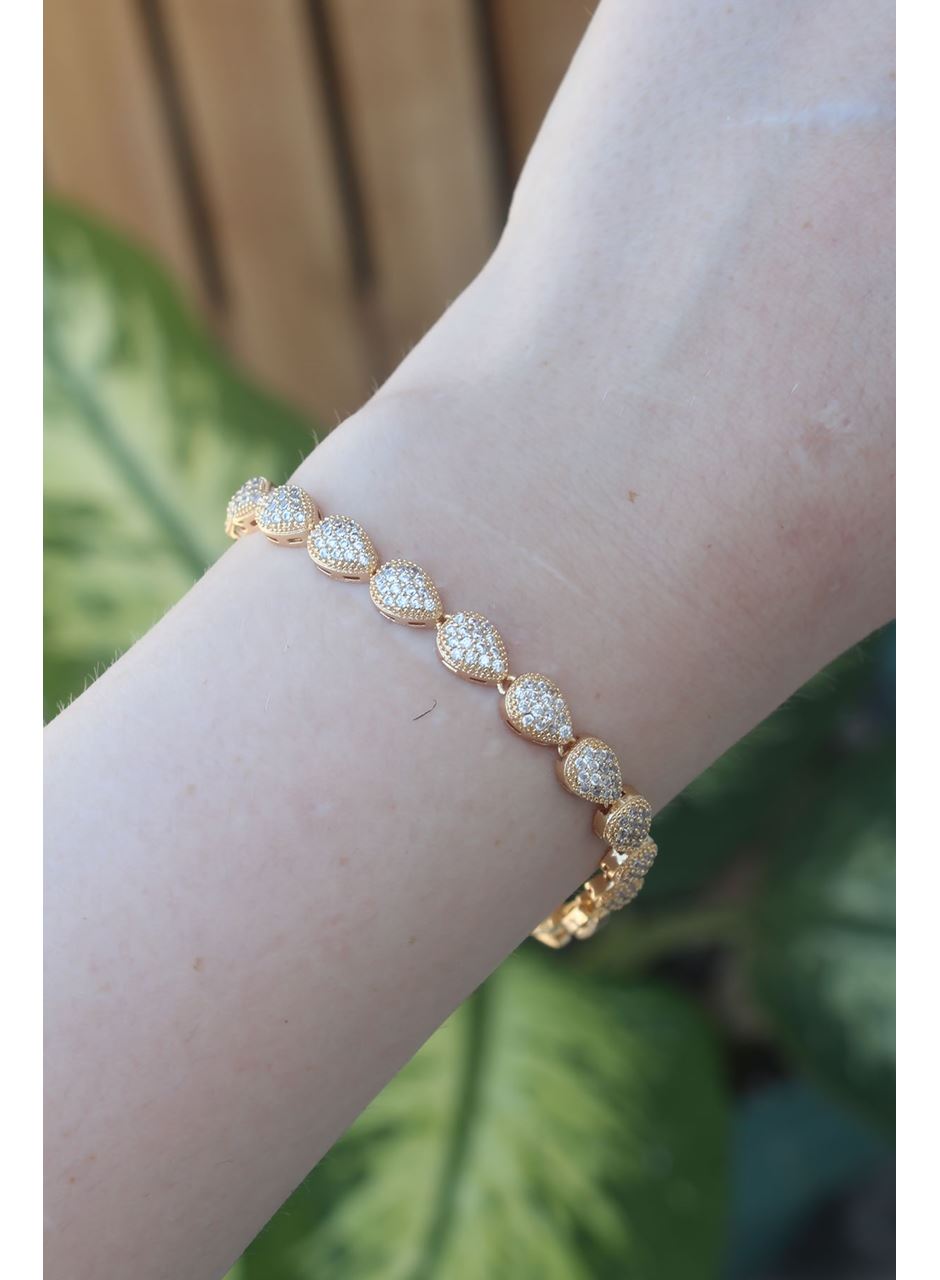 Vip Seri Pirinç Zirkon Taşlı Gold Renk Damla Model Bileklik