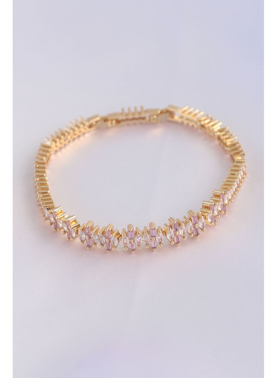 Vip Seri Pirinç Pembe Zirkon Taşlı Gold Renk Baget Model Bileklik