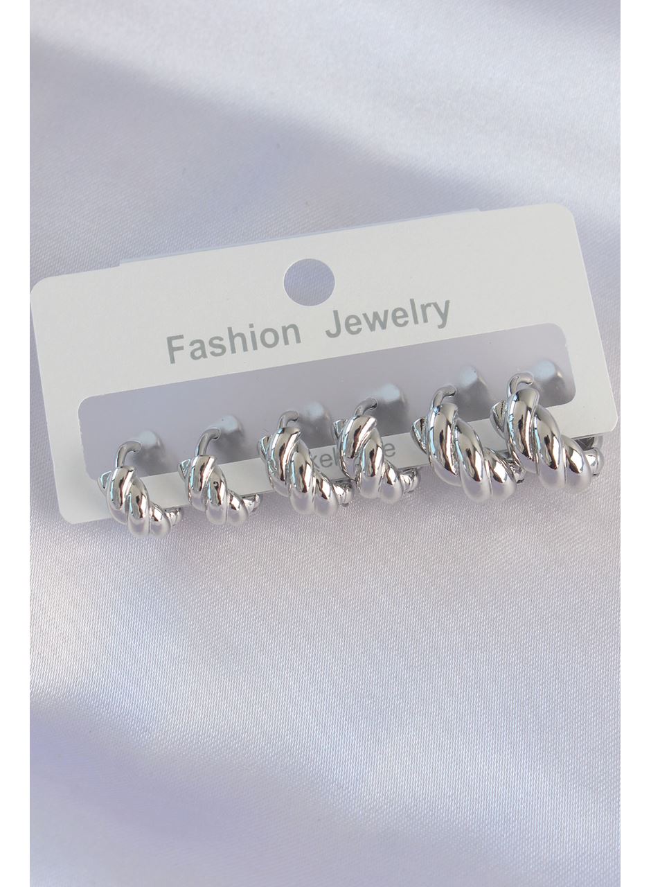 Pirinç Gümüş Renk Minimal Tırtıklı Küpe Seti