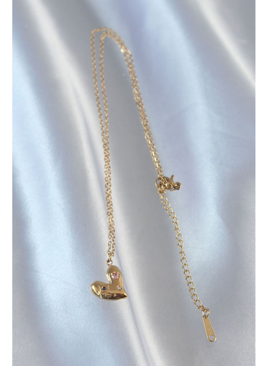 316L Çelik Zincir Gold Renk Renkli Zirkon Taşlı Kalp Kolye