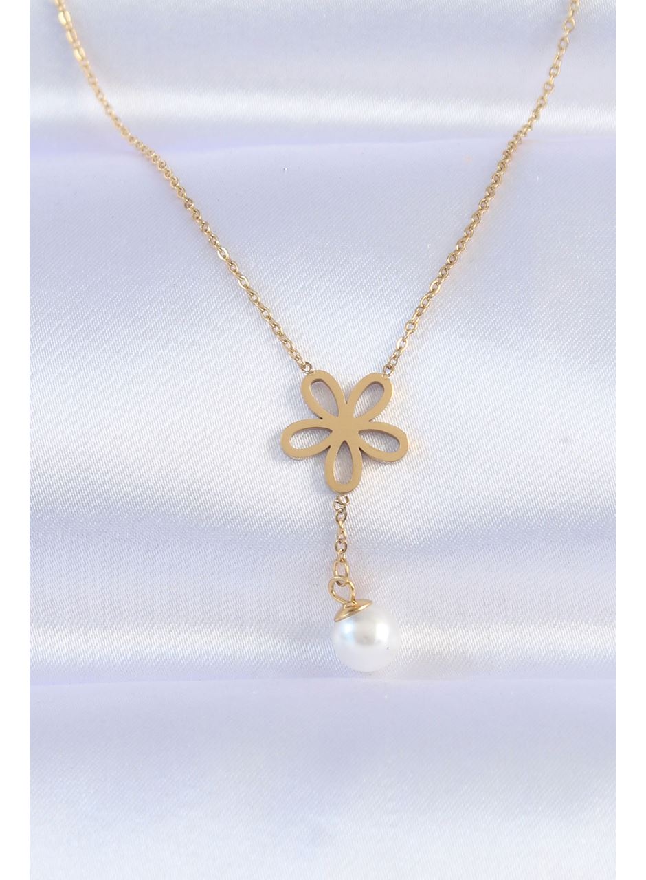 316L Çelik Zincir Gold Renk İnci Detay Çiçek Kolye