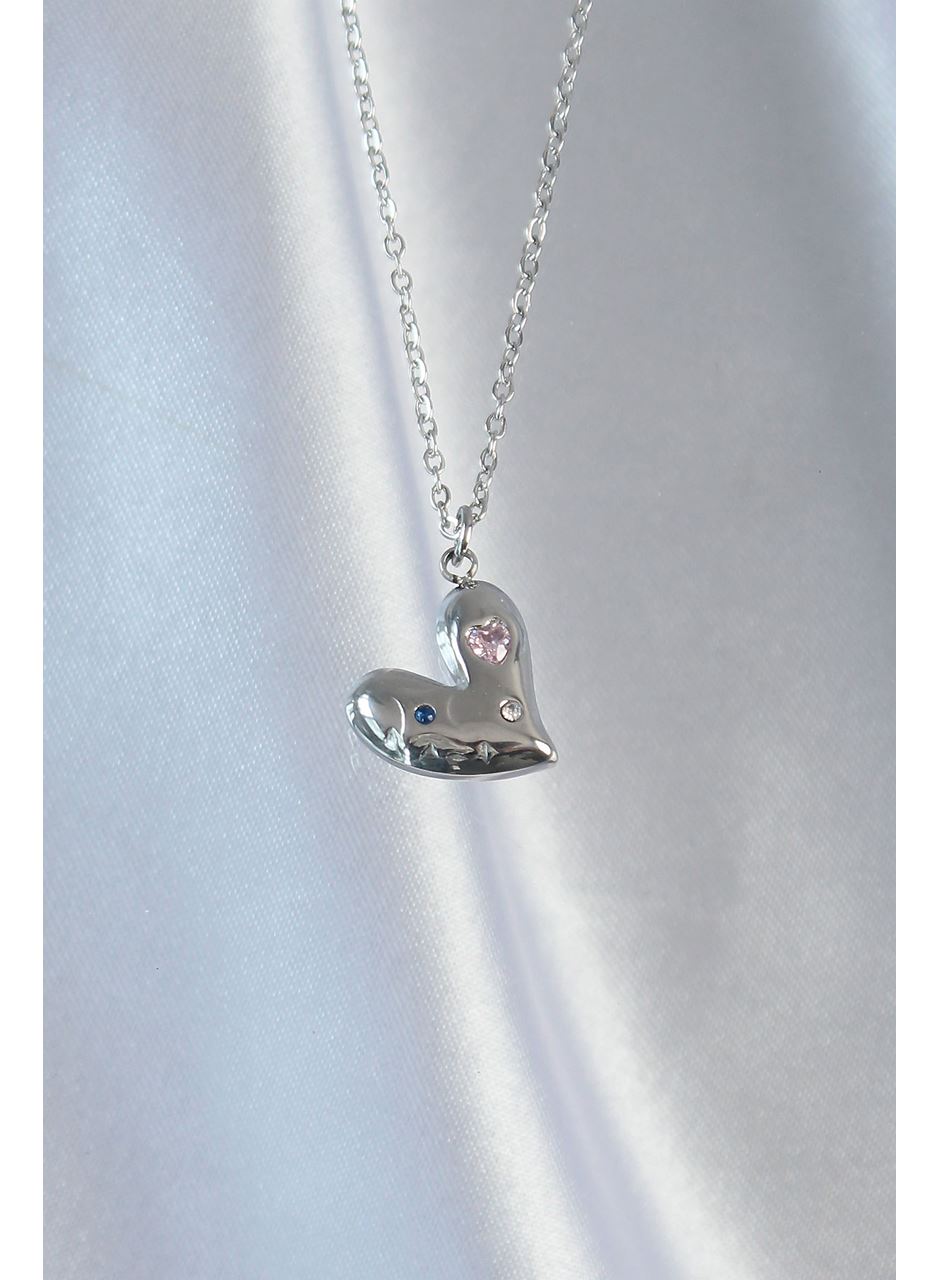 316L Çelik Zincir Gümüş Renk Renkli Zirkon Taşlı Kalp Kolye