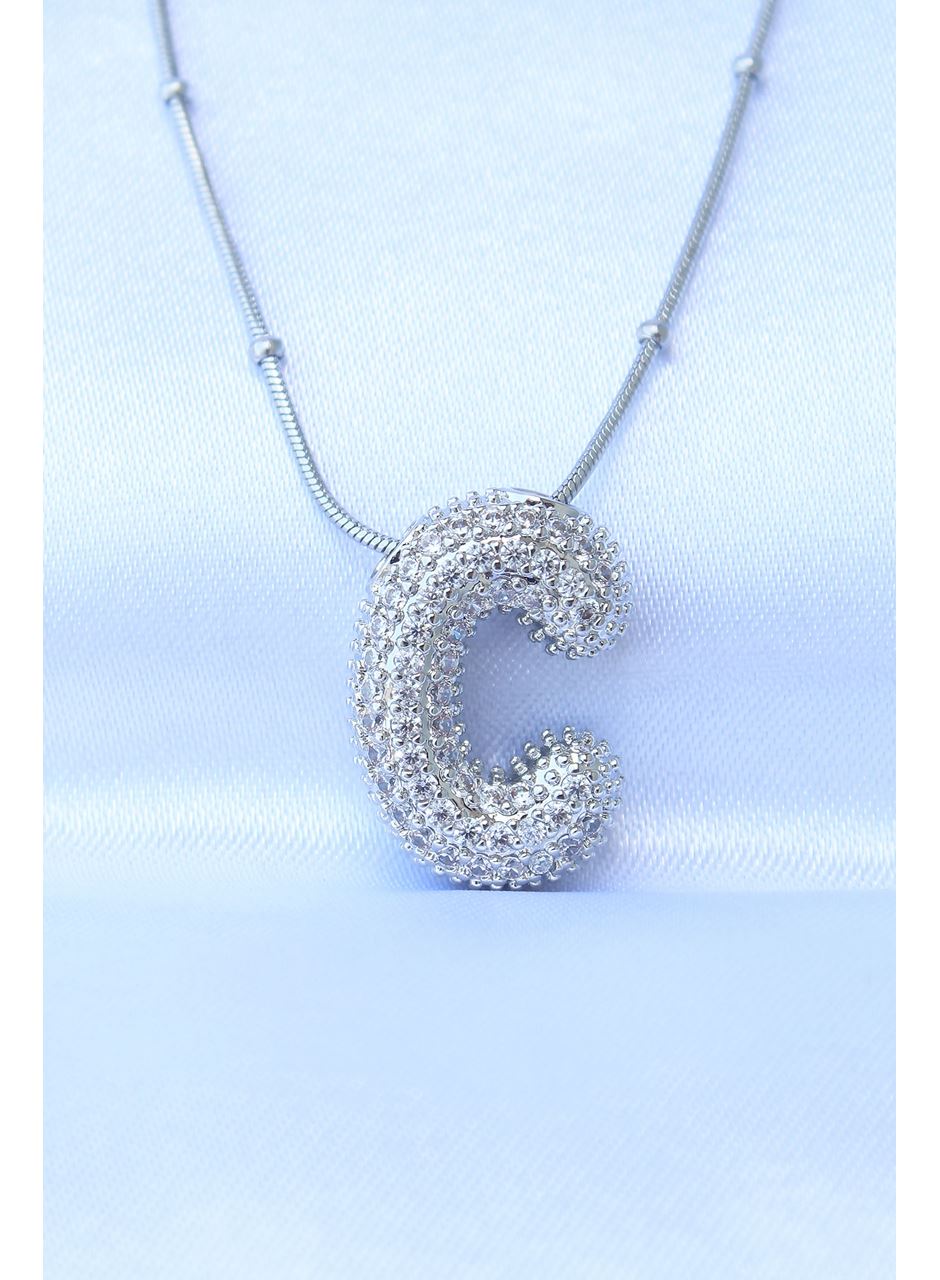 316L Çelik Zincirli Zirkon Taşlı C Harfli Gümüş Renk Bubble Kolye