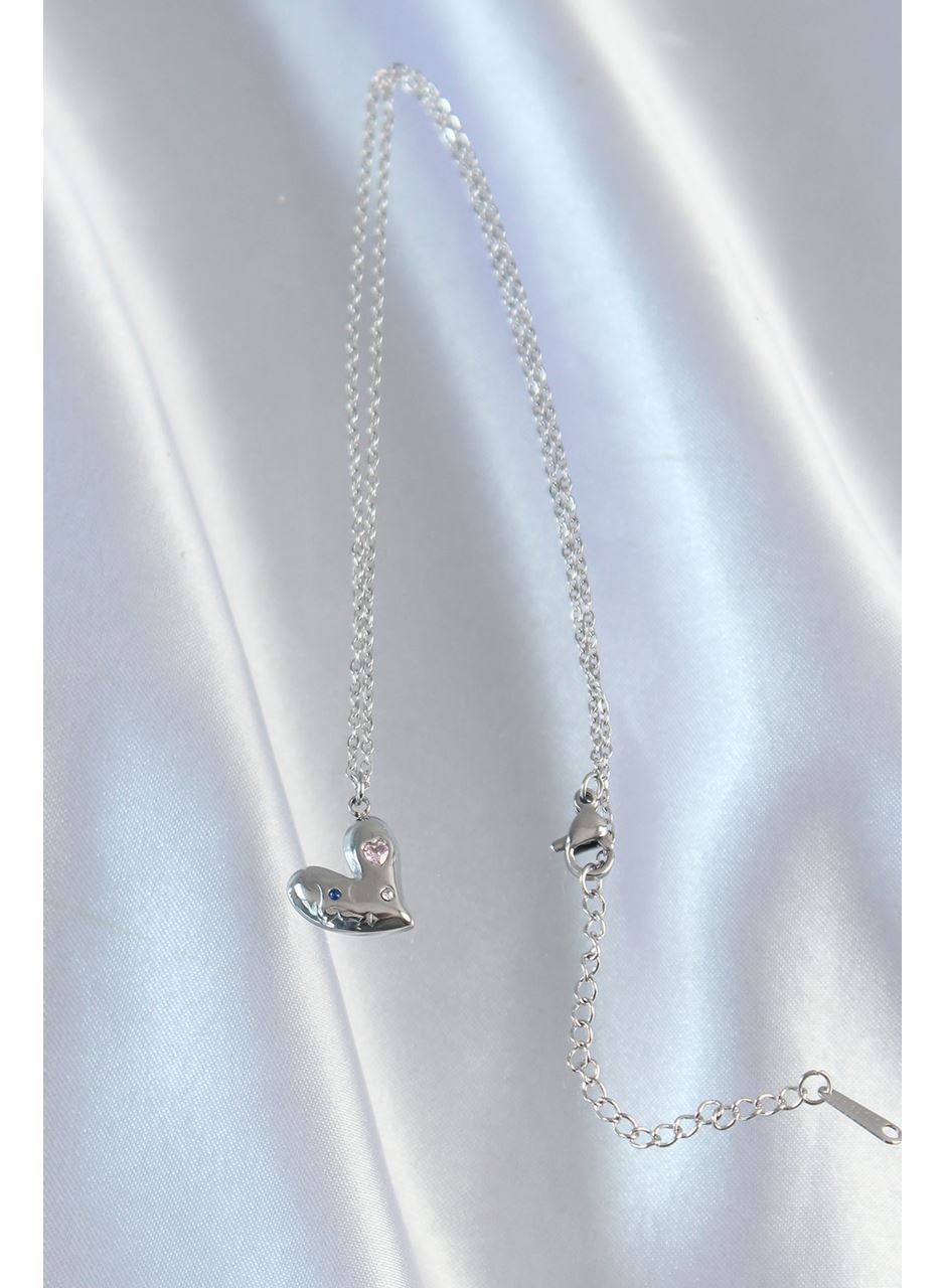 316L Çelik Zincir Gümüş Renk Renkli Zirkon Taşlı Kalp Kolye