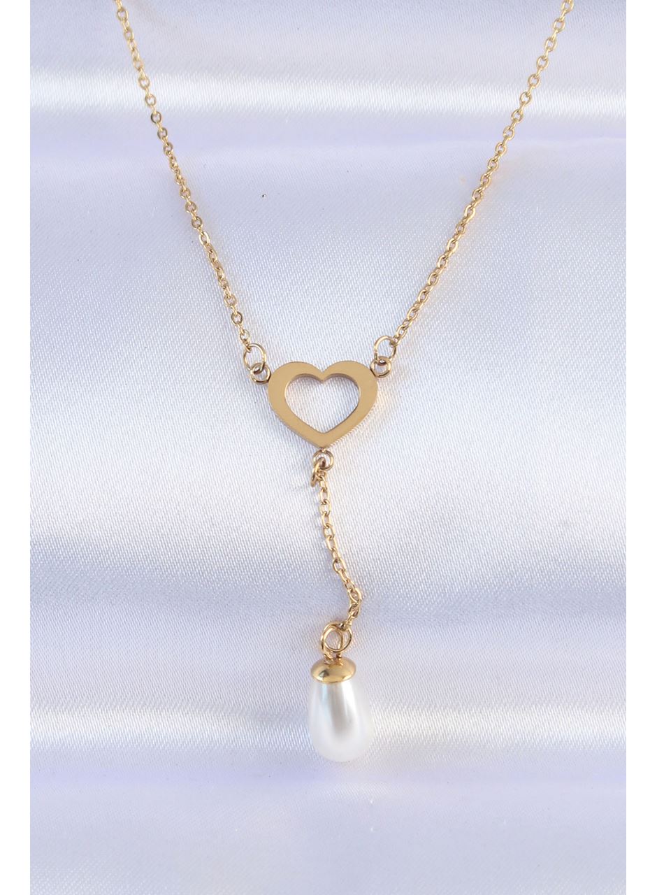 316L Çelik Zincir Gold Renk İnci Taş Detay Kalp Kolye