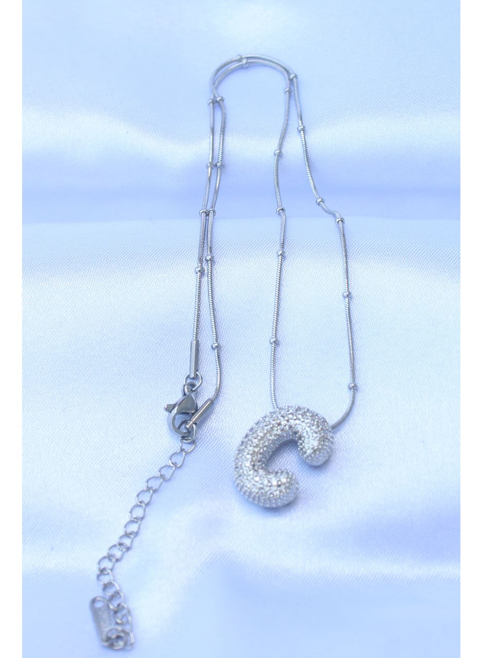 316L Çelik Zincirli Zirkon Taşlı C Harfli Gümüş Renk Bubble Kolye