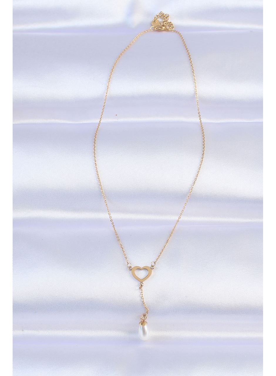 316L Çelik Zincir Gold Renk İnci Taş Detay Kalp Kolye
