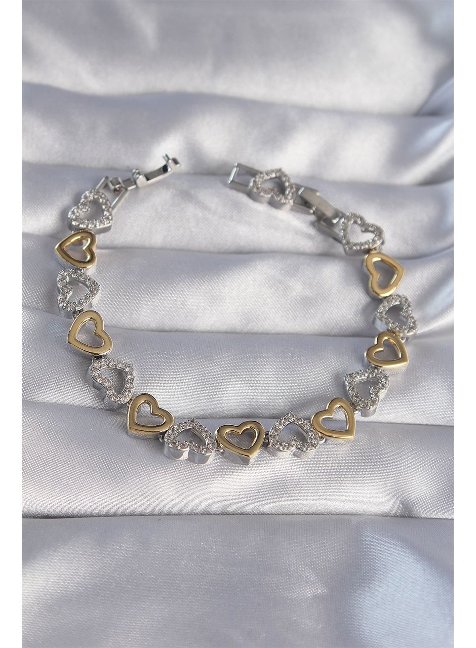 Vip Seri Pirinç Çift Renkli Zirkon Taşlı İçi Boş Kalp Tasarımlı Bileklik