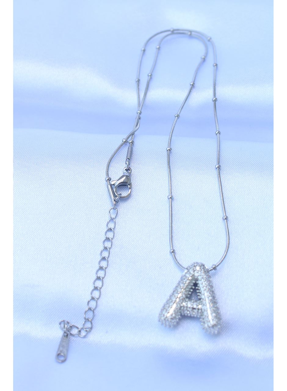 316L Çelik Zincirli Zirkon Taşlı A Harfli Gümüş Renk Bubble Kolye